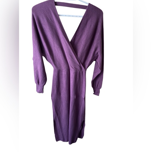 V Neck Batwing Long Sleeve Wrap Cozy Fall Sweater Dress - Picture 2 of 9